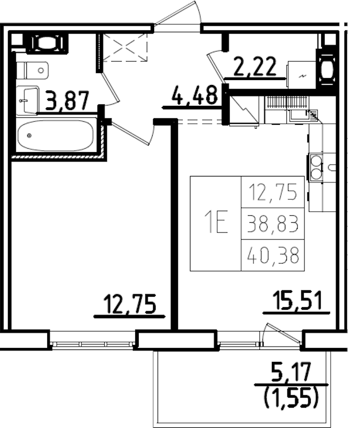 1-комнатная квартира 44 м², 8/9 эт., ЖК «IQ Гатчина 3»